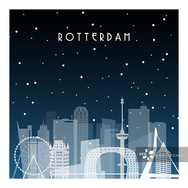 扁平风格鹿特丹冬夜城市图片素材
