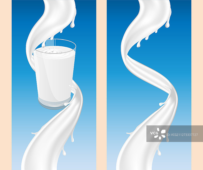 蓝色背景上的牛奶或酸奶白色漩涡和玻璃杯图片素材