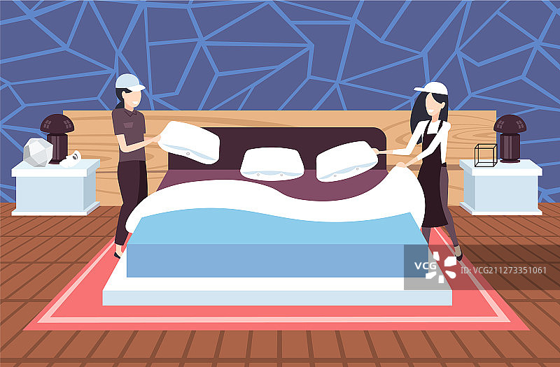 女保洁员们摆枕头，铺床，女人图片素材