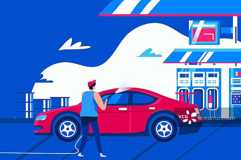加油汽车汽油洗车服务矢量插画图片素材