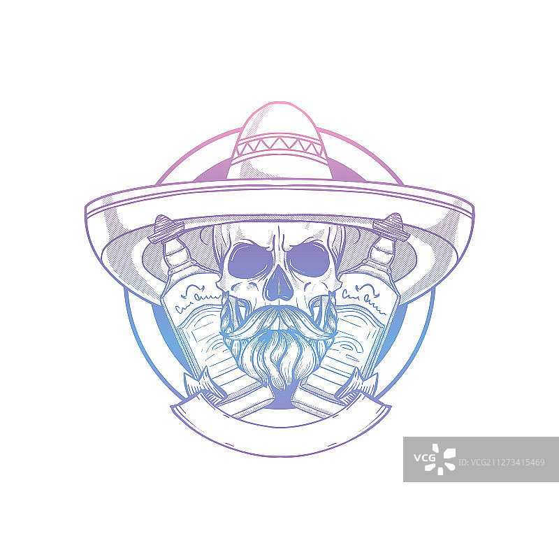 手绘素描头戴墨西哥帽的骷髅图片素材