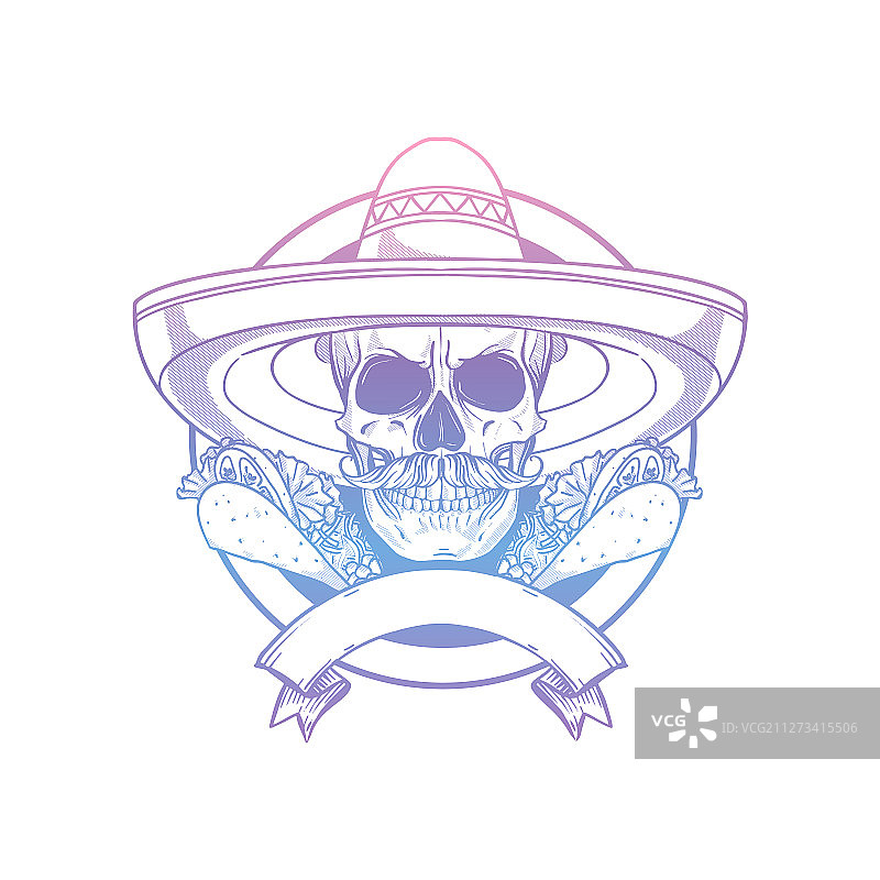 手绘素描头戴墨西哥帽的骷髅图片素材