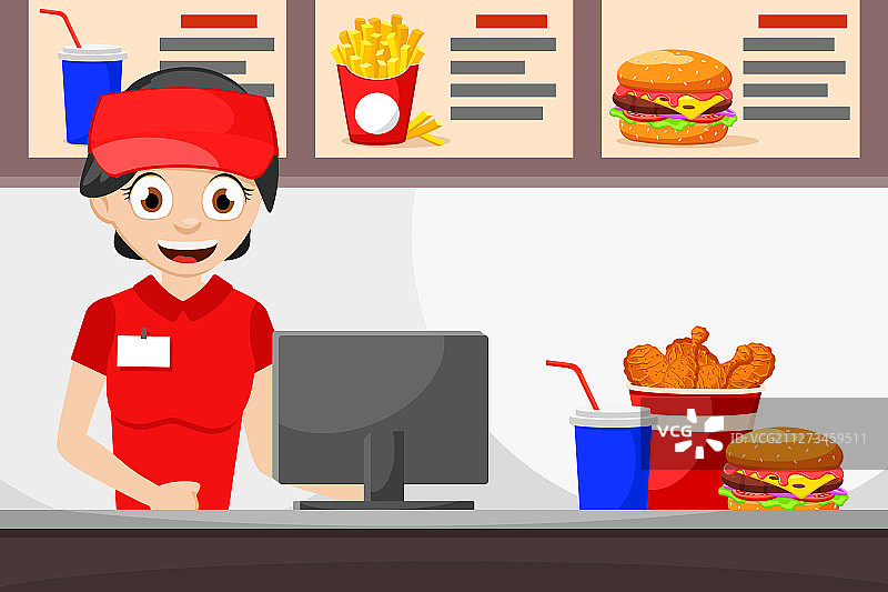 女收银员在快餐咖啡馆点餐图片素材