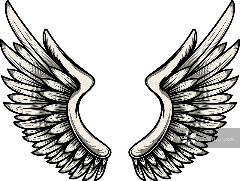白色背景上的纹身风格翅膀图片素材