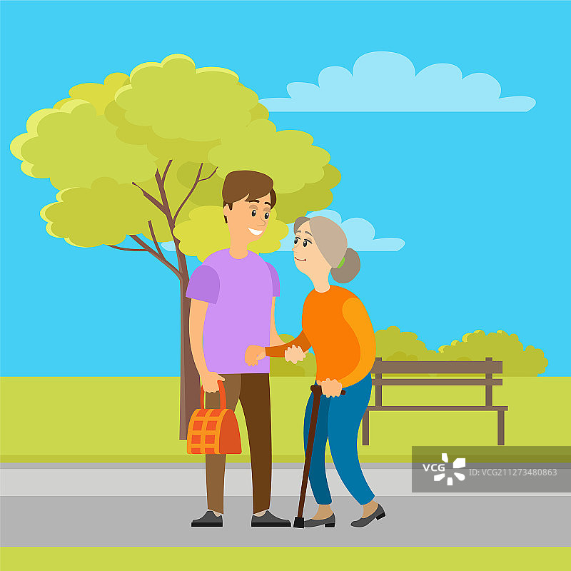 志愿者帮助老奶奶在公园里提包图片素材