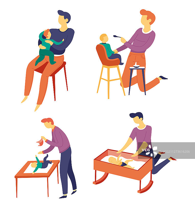 父爱：父亲和孩子喂食与换尿布图片素材