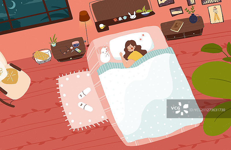 夜晚在卧室睡觉的女孩插画图片素材