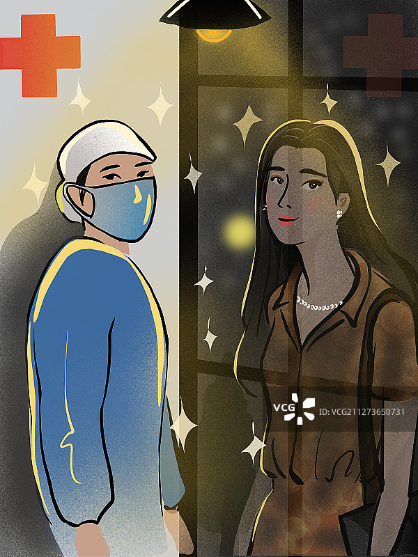 戴口罩的女医生和玻璃镜里的日常形象图片素材