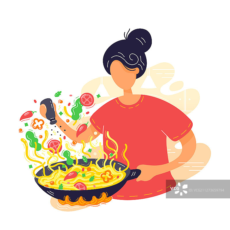 年轻女人在炒锅中煮面条图片素材