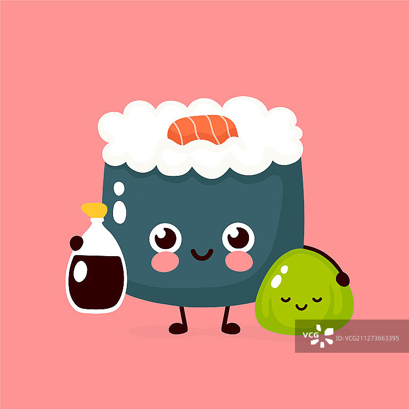 微笑的寿司卷和酱油图片素材