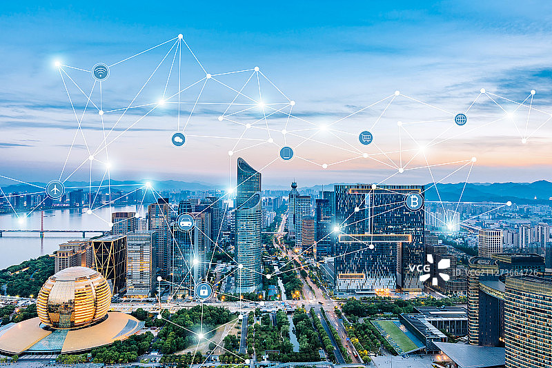 中国浙江杭州钱江新城和城市互联大数据概念图片素材