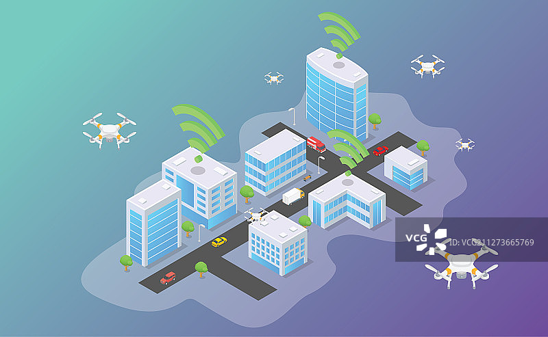 无人机技术在智慧城市上空飞行图片素材