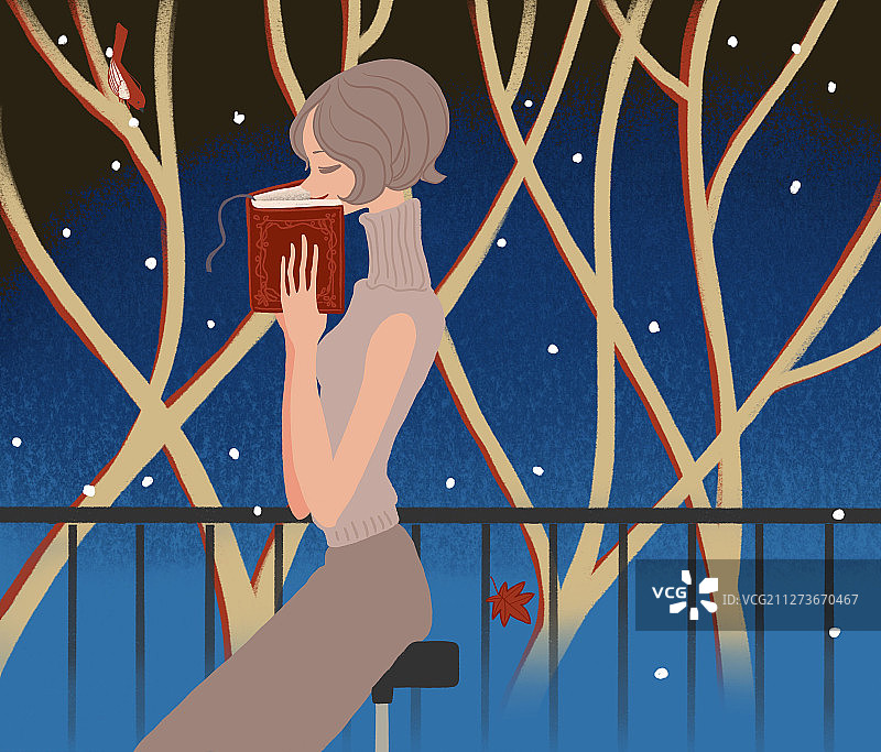 夜晚阳台读书的时尚女孩半身侧面插图图片素材