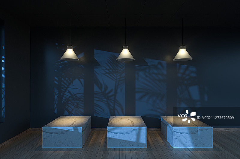 夜晚室内的吊灯与置物台 三维渲染图片素材