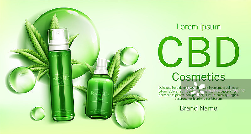 大麻二酚化妆品瓶，带气泡和叶子图片素材