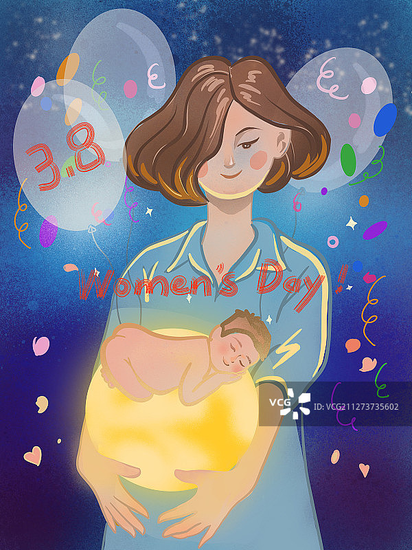 妇女节怀抱星球和婴儿的女性图片素材