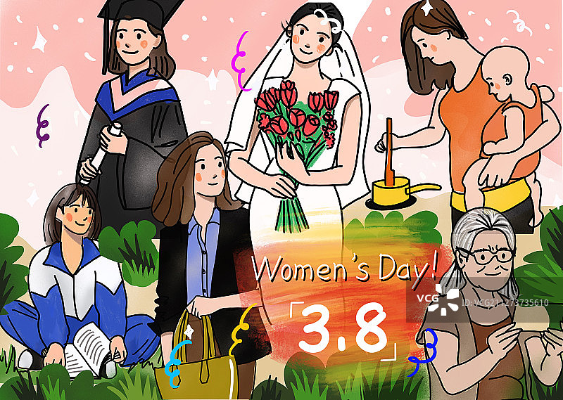 3月8日妇女节女人从少女到结婚生子老年的一生图片素材
