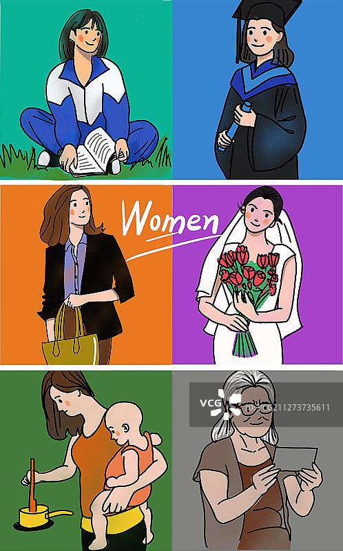 女人从少女毕业到工作结婚生子变老的一生图片素材