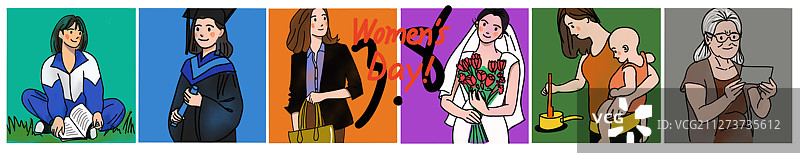 38妇女节女人从少女毕业到结婚生子变老的一生图片素材