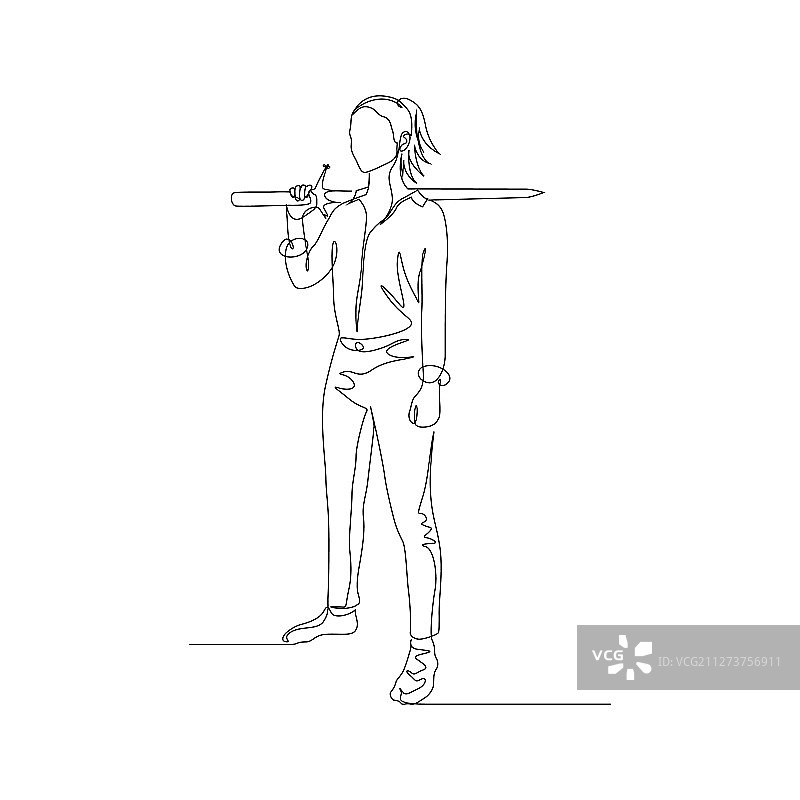 连续单线：女人持剑站立图片素材