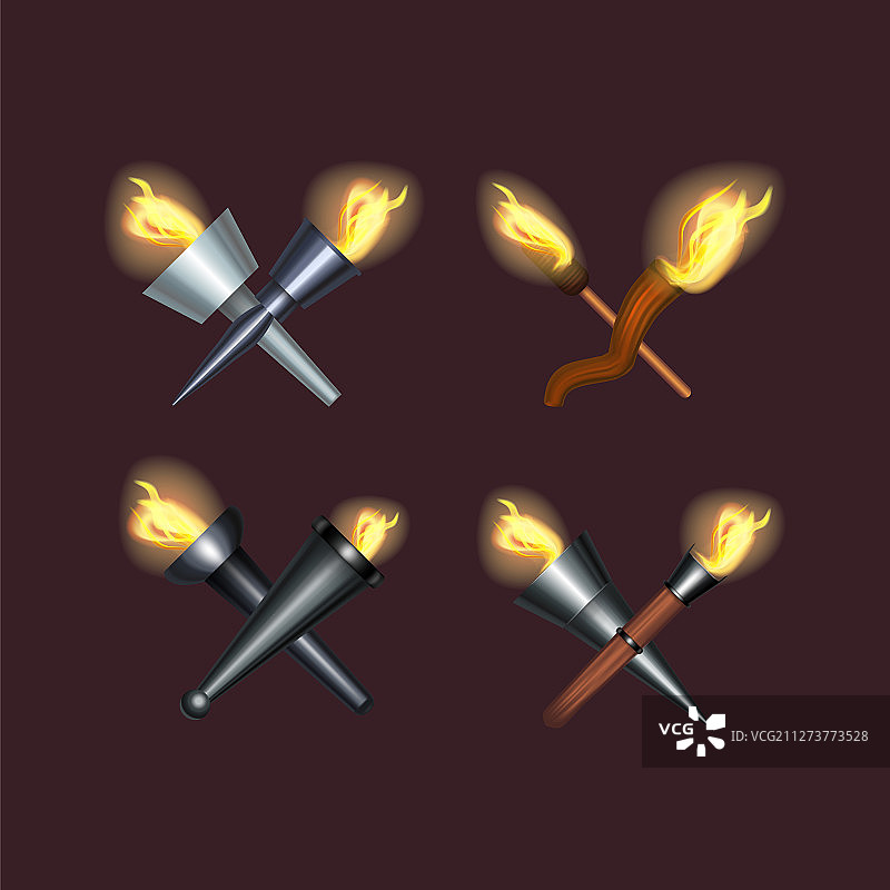 逼真细节3D火炬火焰交叉套装图片素材