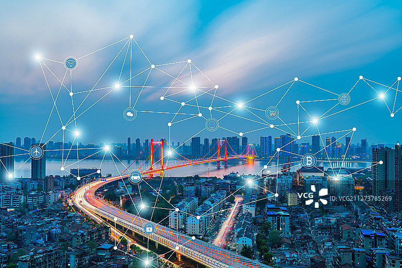中国湖北武汉长江大桥风光和城市互联大数据概念图片素材