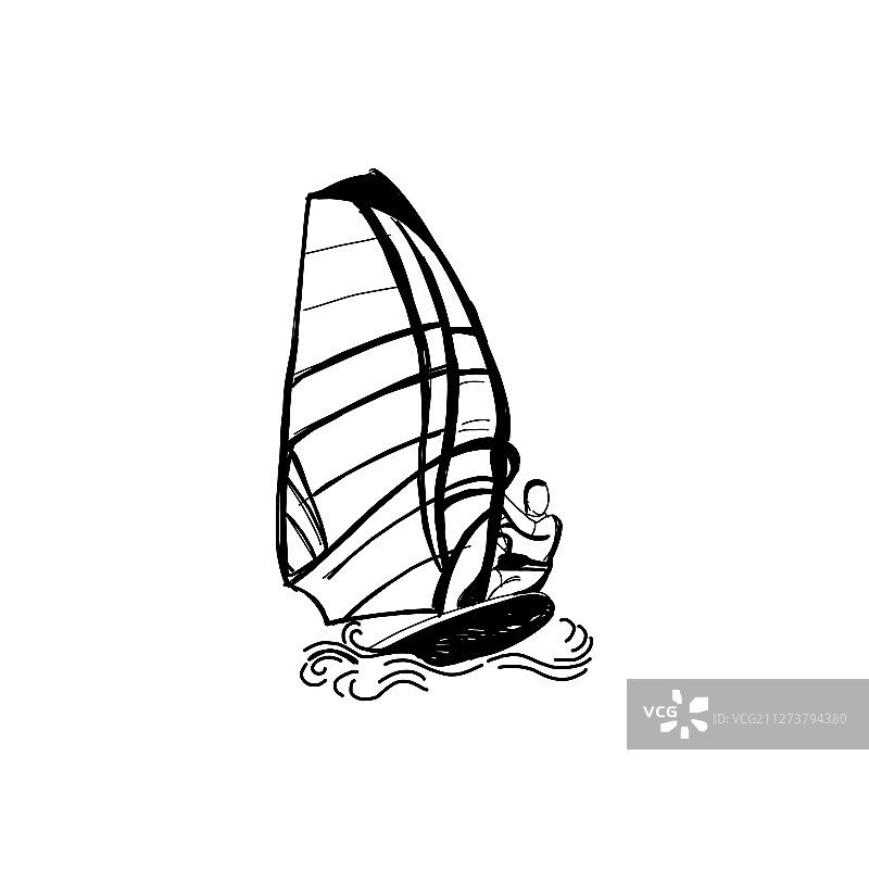 手绘波浪上的帆板运动和帆板运动员图片素材