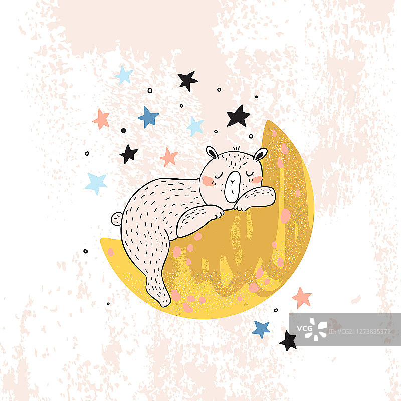在月牙上睡觉的可爱小熊图片素材