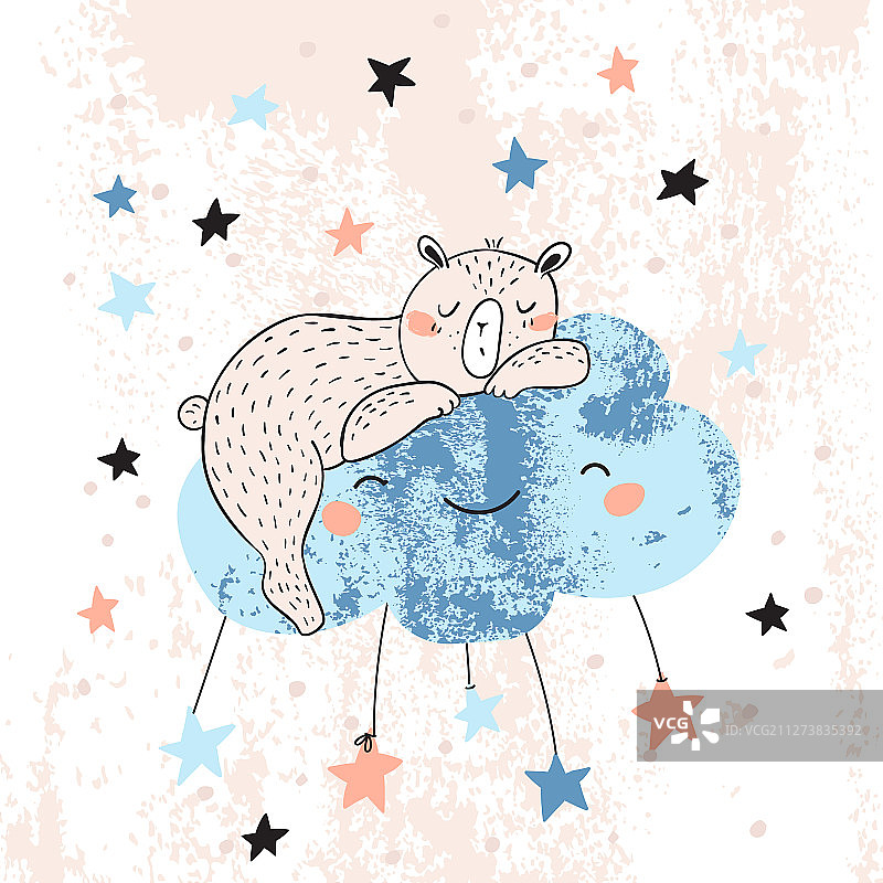 可爱的泰迪熊在星星云朵上睡觉图片素材