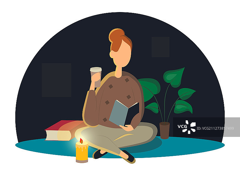 坐在地上看书的可爱女人图片素材