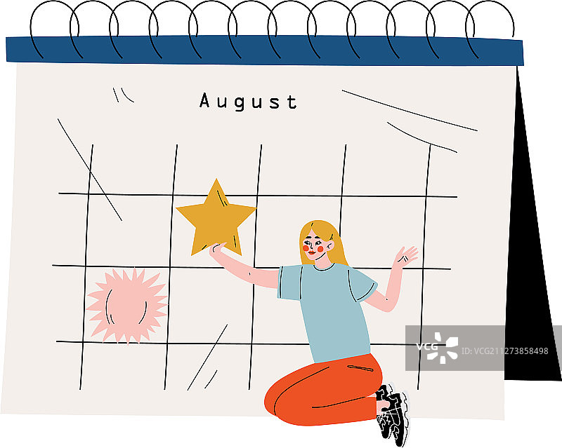 年轻女子坐大日历旁，正在计划图片素材