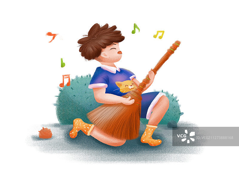 童趣-手拿扫把当吉他弹唱的音乐梦想家男孩图片素材
