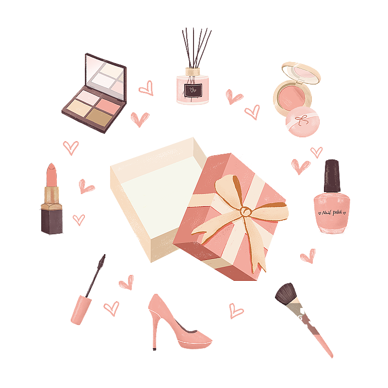 女生化妆品情人节礼盒手绘图片素材