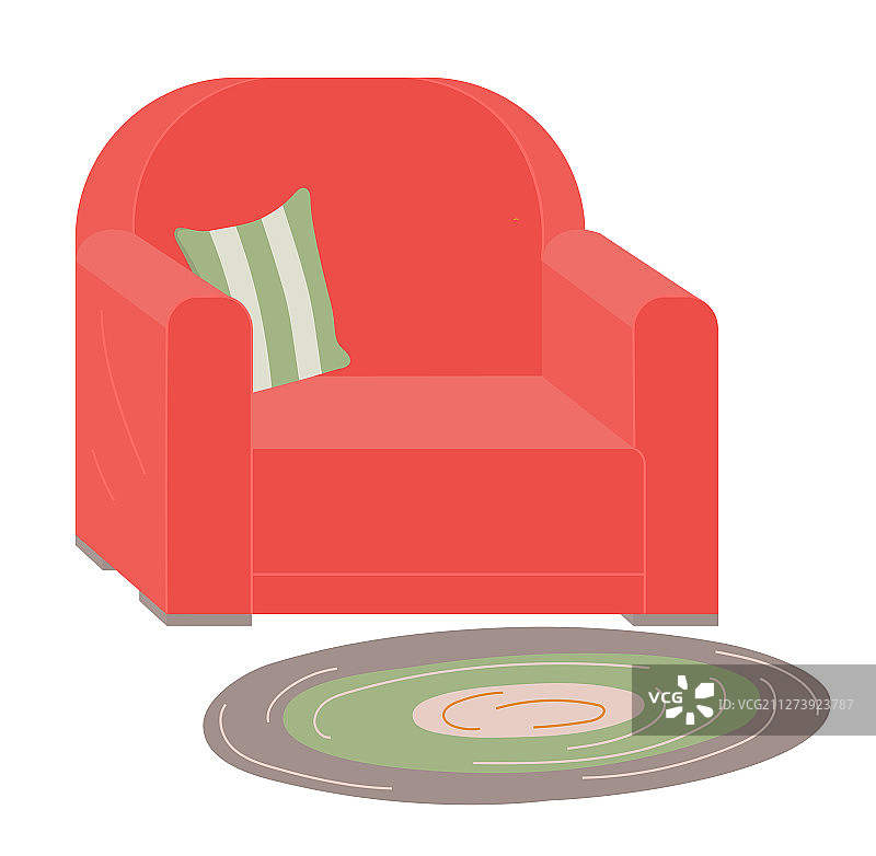 红色软垫扶手椅配条纹靠垫地毯图片素材