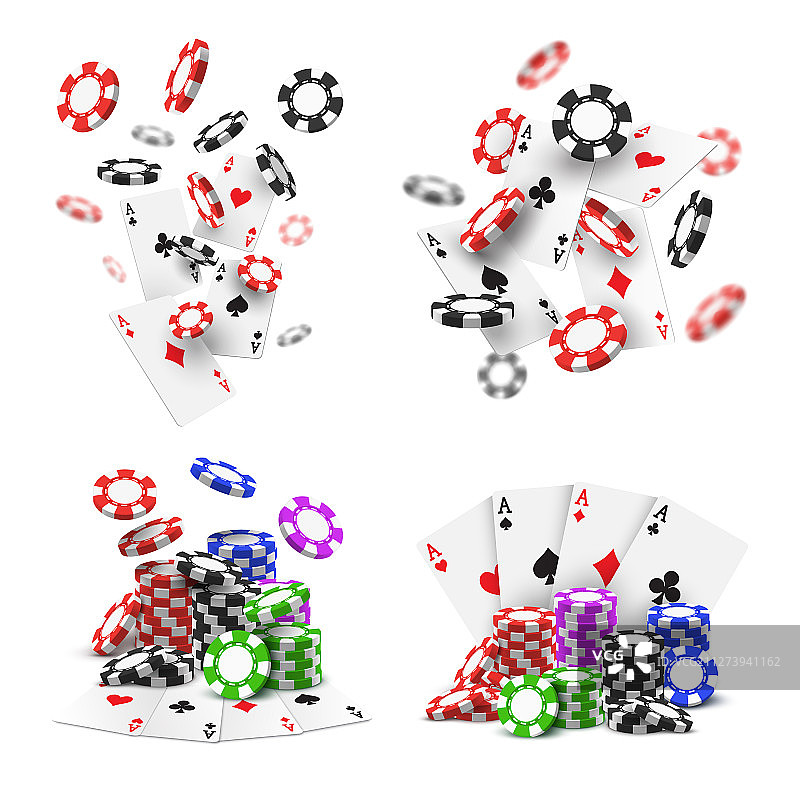 飞行扑克筹码和Aces牌隔离合集图片素材