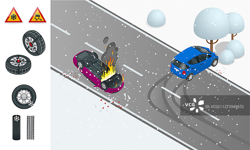 2.5D冬季湿滑路面车祸图片素材