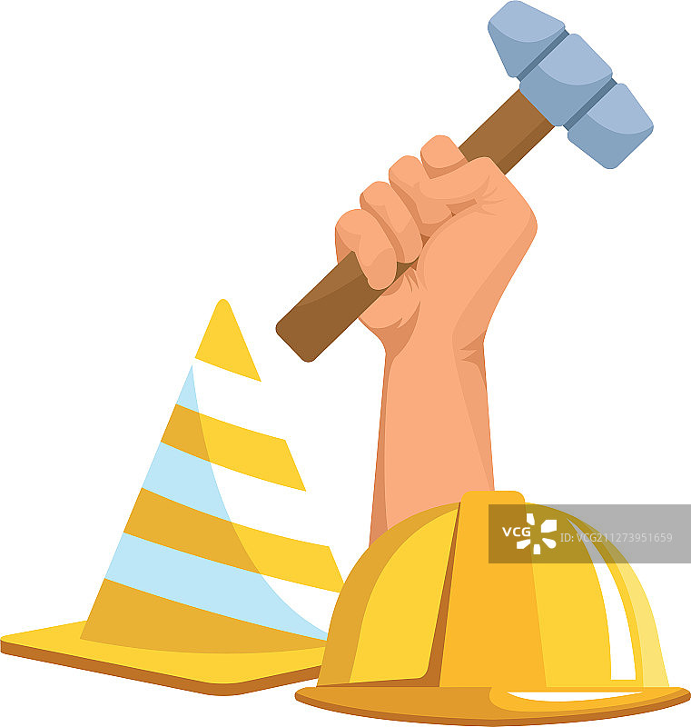 交通锥、安全帽与手图片素材