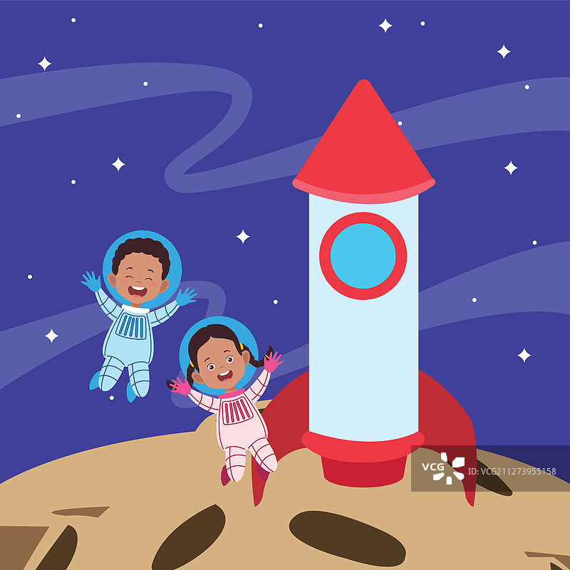 卡通宇航员儿童和太空火箭图片素材