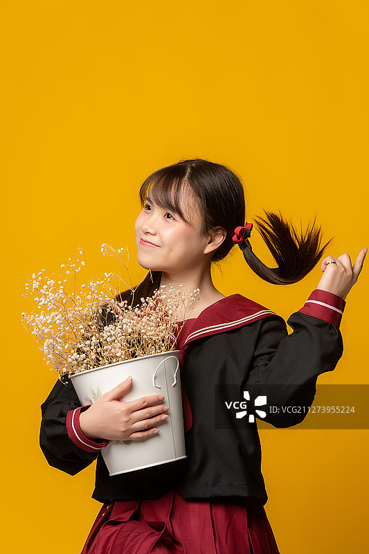 黄色背景里穿着水手服的女孩抱着一盆花图片素材