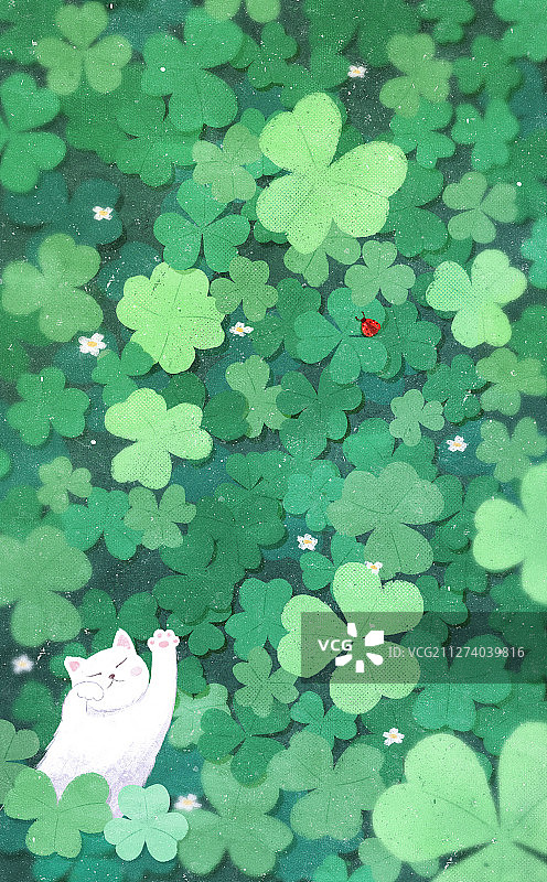 二十四节气惊蛰春分叶子三叶草春天猫插画图片素材