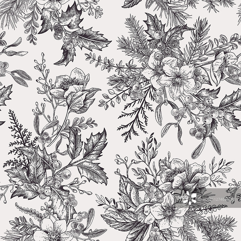 圣诞节冬季植物无缝图案图片素材