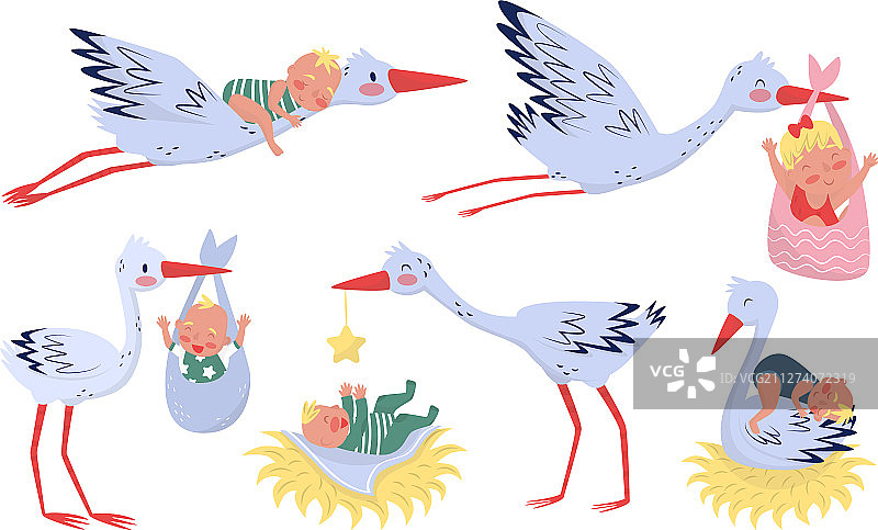 彩色背景下的鹳鸟与可爱的新生儿图片素材