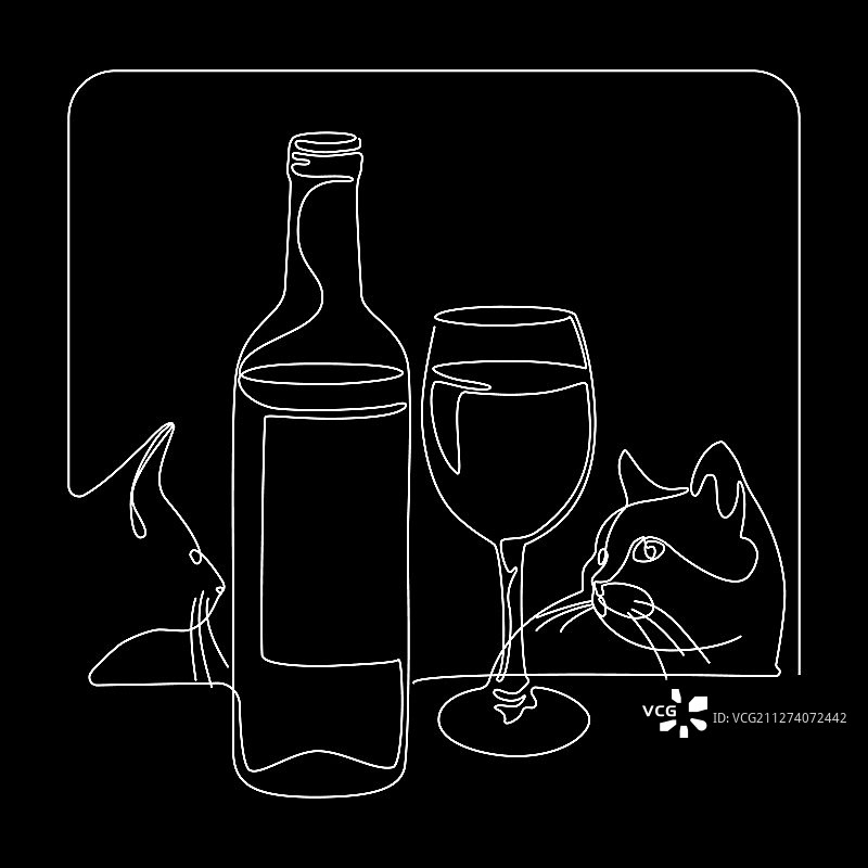 瓶装和玻璃葡萄酒连续线条画图片素材