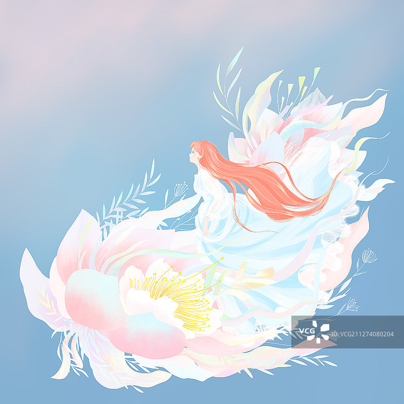 女神节粉色花丛中穿浅蓝色婚纱的美丽女神插画图片素材
