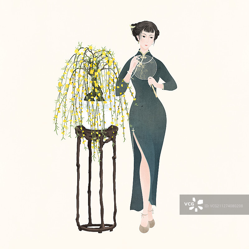 站在迎春花盆栽旁手执团扇的民国旗袍美人图片素材