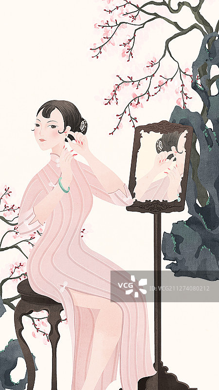 坐在杏花假山镜子前戴耳环的民国旗袍美人图片素材