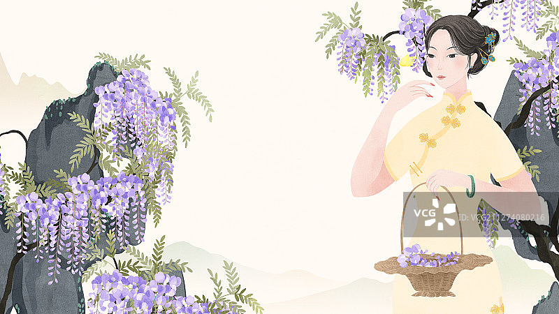 站在紫藤花假山前看蝴蝶的民国旗袍美人图片素材