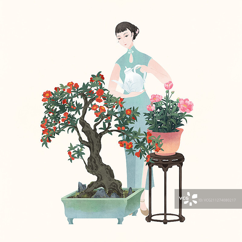 用水壶给石榴花盆栽浇水的民国旗袍美人图片素材