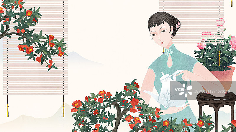 用水壶给石榴花盆栽浇水的民国旗袍美人图片素材