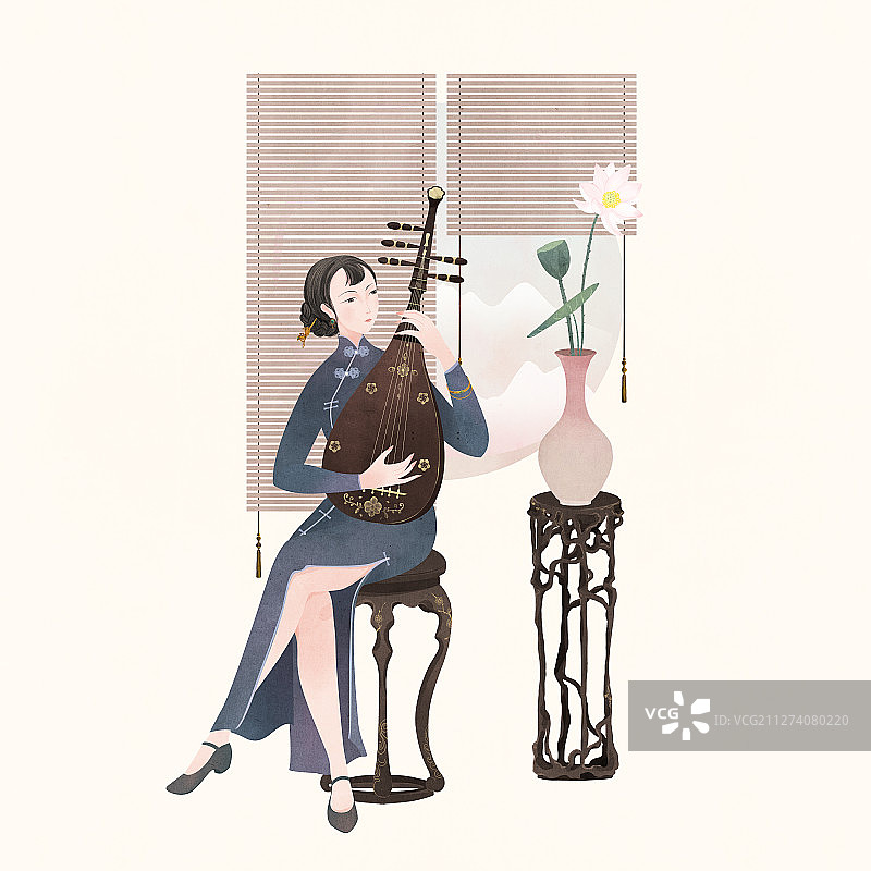 坐在凳子上弹琵琶的民国旗袍美人与荷花花瓶图片素材